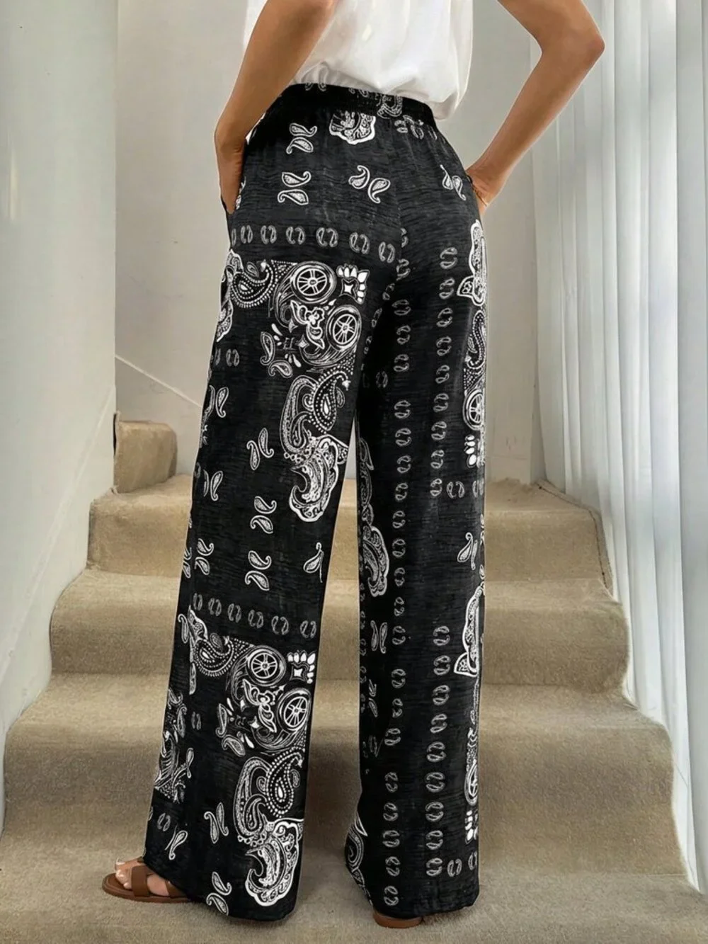 Black and White Casual Women's Extra Long Printed Maxi Trousers - Picture 2 of 7